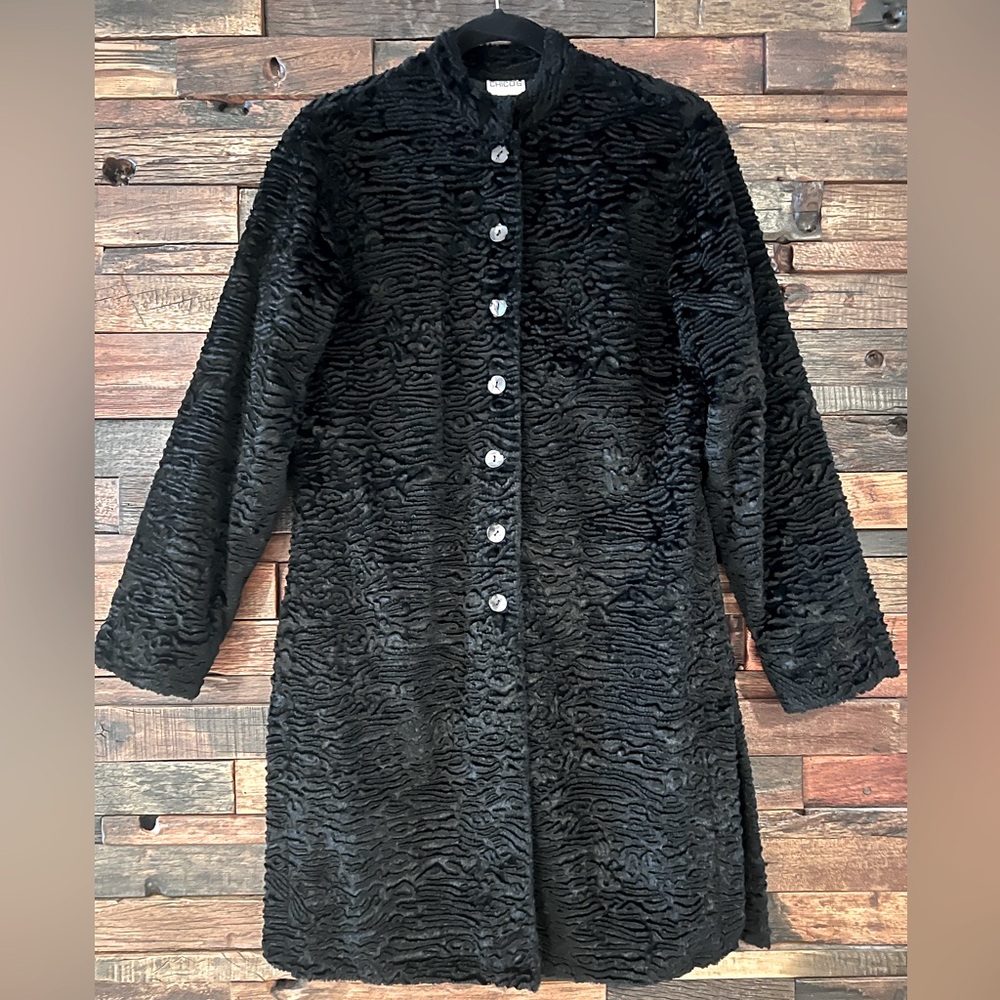 Chico's Women's Elegant Black Faux Fur Overcoat Button Up With Lining